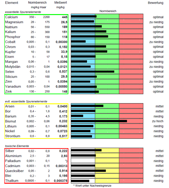 30 Elemente Haarmineralanalyse einer Person auf Schwermetalle, Spurenelemente und Mineralstoffe
